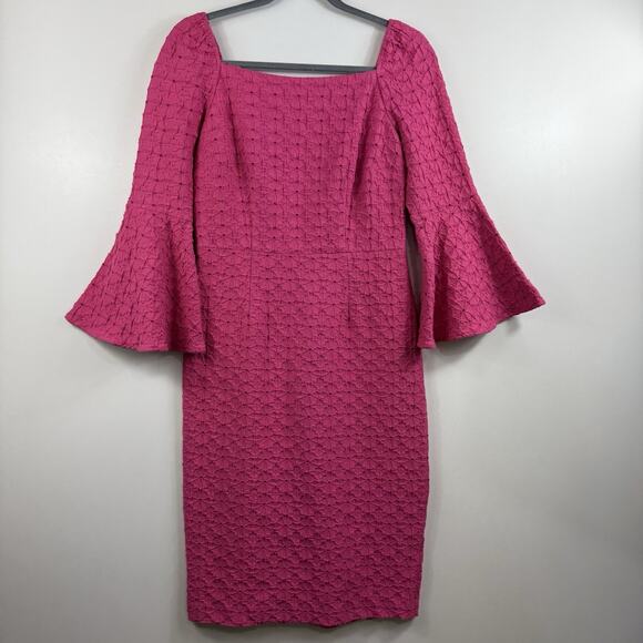 Trina Turk New Favor Pink Square Neck Bell Sleeve Dress Size 4 Sheath Textured - Picture 15 of 15